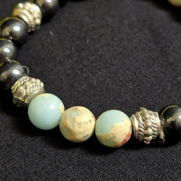 Hematite & Sea-Sediment Ocian Jasper Bracelet Healing Stones Silver Tone Spacer - Picture 2 of 6